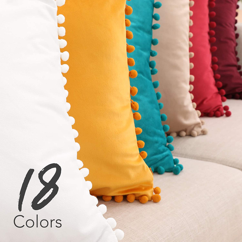 Deconovo Decorative Throw Pillow Covers Soft Velvet Outdoor Cushion Covers 18 X 18 Inch with Pom Poms for Sofa Bed, Set of 2, Cream White Home & Garden > Decor > Chair & Sofa Cushions Deconovo   