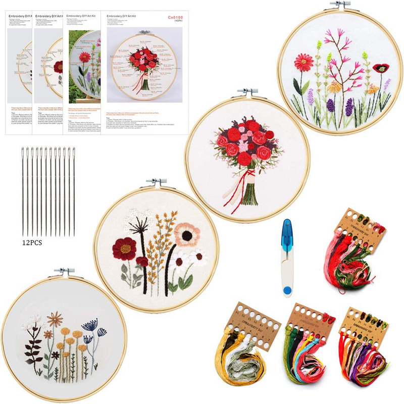 Embroidery Kit for Beginners,4 Pack Cross Stitch Kits, 2 Wooden Embroidery Hoops,1 Scissors,Needles and Color Threads,Needlepoint Kit for Adult (Cactus Plant)