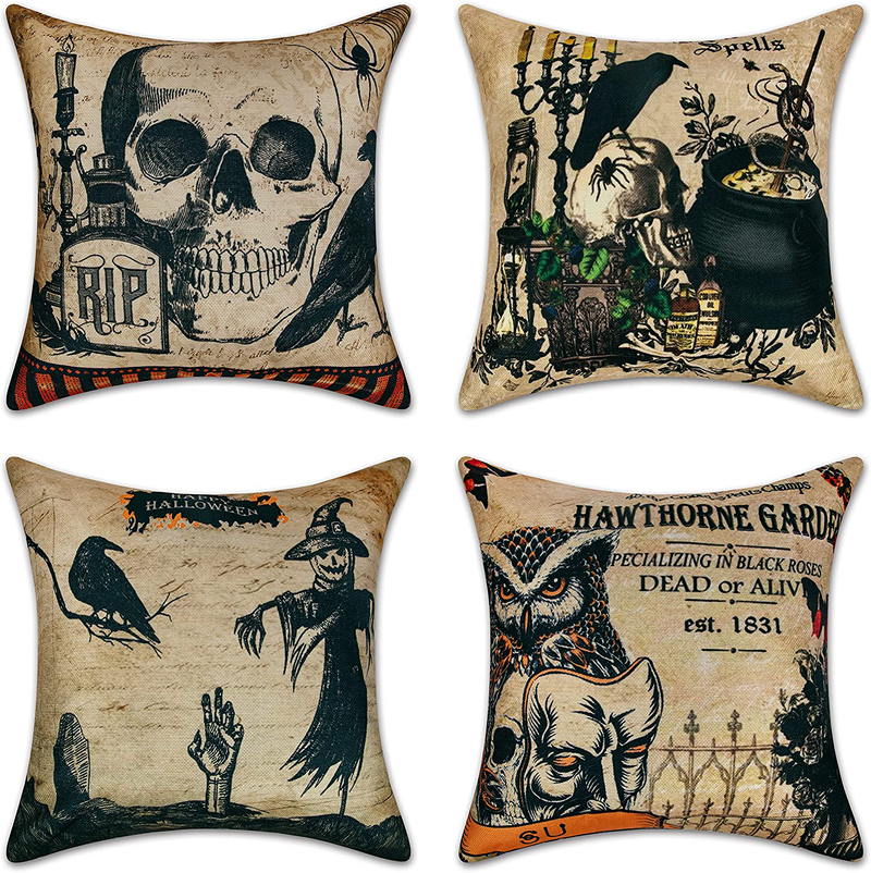 Halloween Pillow Covers 18x18 Set of 4, Vintage Halloween Decorations Owl Crow Skull Halloween Holiday Throw Pillow Covers Pillowcases for Halloween Home, Bedroom, Sofa, Couch Decor Arts & Entertainment > Party & Celebration > Party Supplies Ouddy Black  