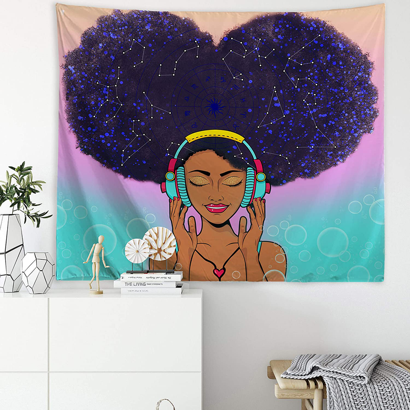 ORTIGIA African American Black Girl Tapestry Wall Hanging Home Decor,Constellation Theme for Bedroom,Kids Room,Living Room,Dorm,Office Polyester Fabric Needles Included - 60" W x 40" L (150cmx100cm)  ORTIGIA   