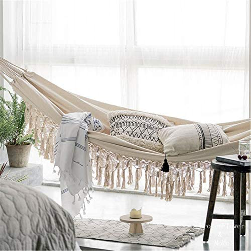 Terracotta Door Boho Hammock for 2 Adults, Brazilian Style Hammock Rope for Indoor, Outdoor, Patio, Porch, Bedroom, Beach and More- White Canvas Rope Hammock, Macrame Hammock, Cotton Hammock