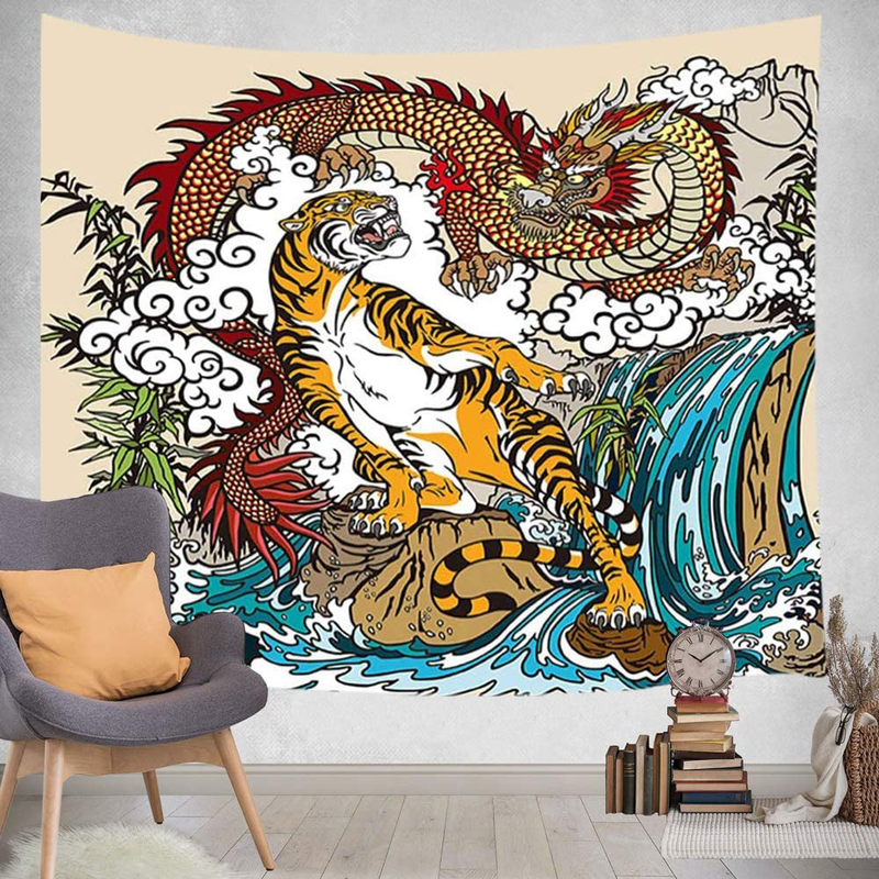 JAWO Asian Tapestry, Chinese Dragon and Tiger in The Landscape with Waterfall Wall Tapestry, Wall Art Hanging for Bedroom Living Room Dorm 71X60Inches Home & Garden > Decor > Artwork > Decorative Tapestries JAWO 80''W By 60''L  
