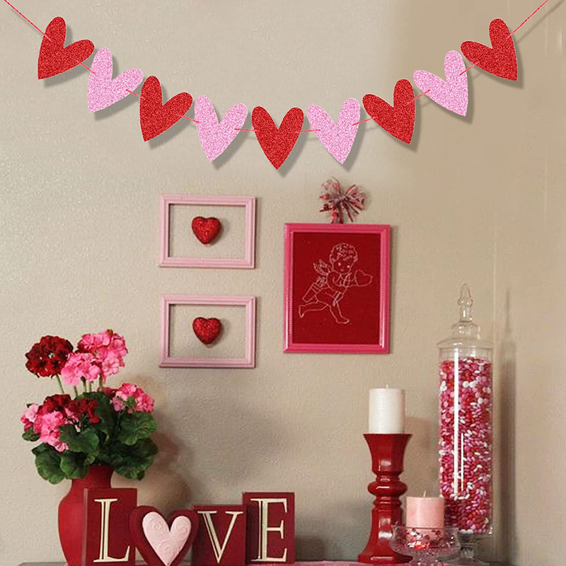 FAKTEEN Pre-Strung Red & Pink Glittery Heart Banner for Valentine'S Day Decorations, Garland Wedding Engagement Bachelorette Party Supplies