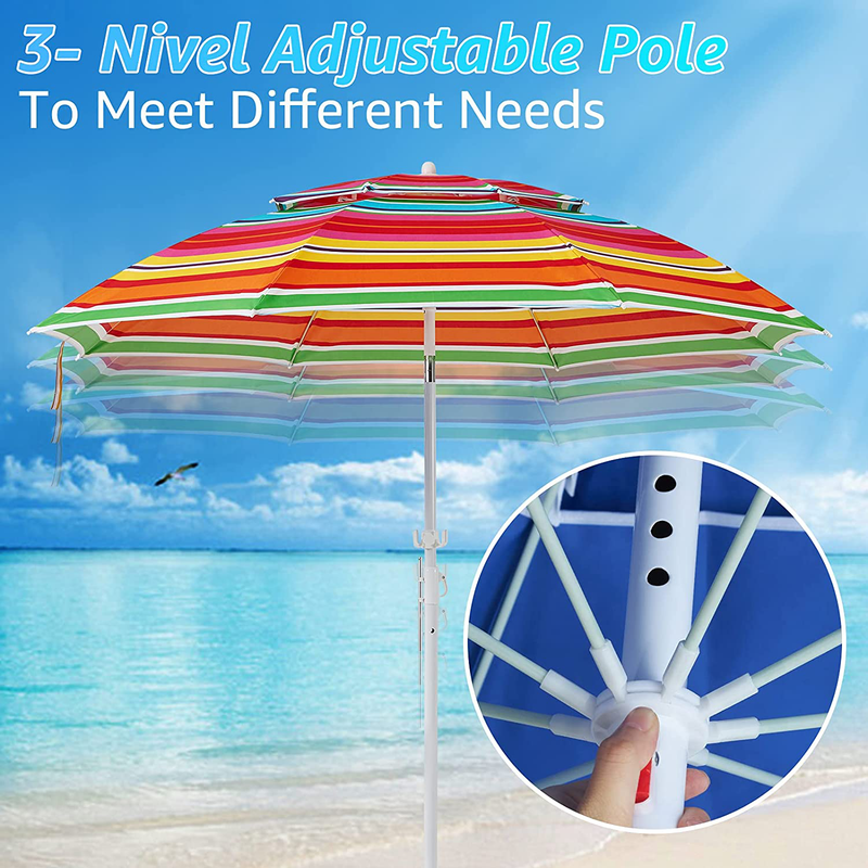 ROWHY 2 Tiers 7.5’ Beach Umbrella with Sand Anchor & Push Button Tilt Pole Portable for Heavy Duty Wind UV 50+ Sunshade Umbrella with Carry Bag for Patio Outdoor Umbrella(Red-Orange Stripe)