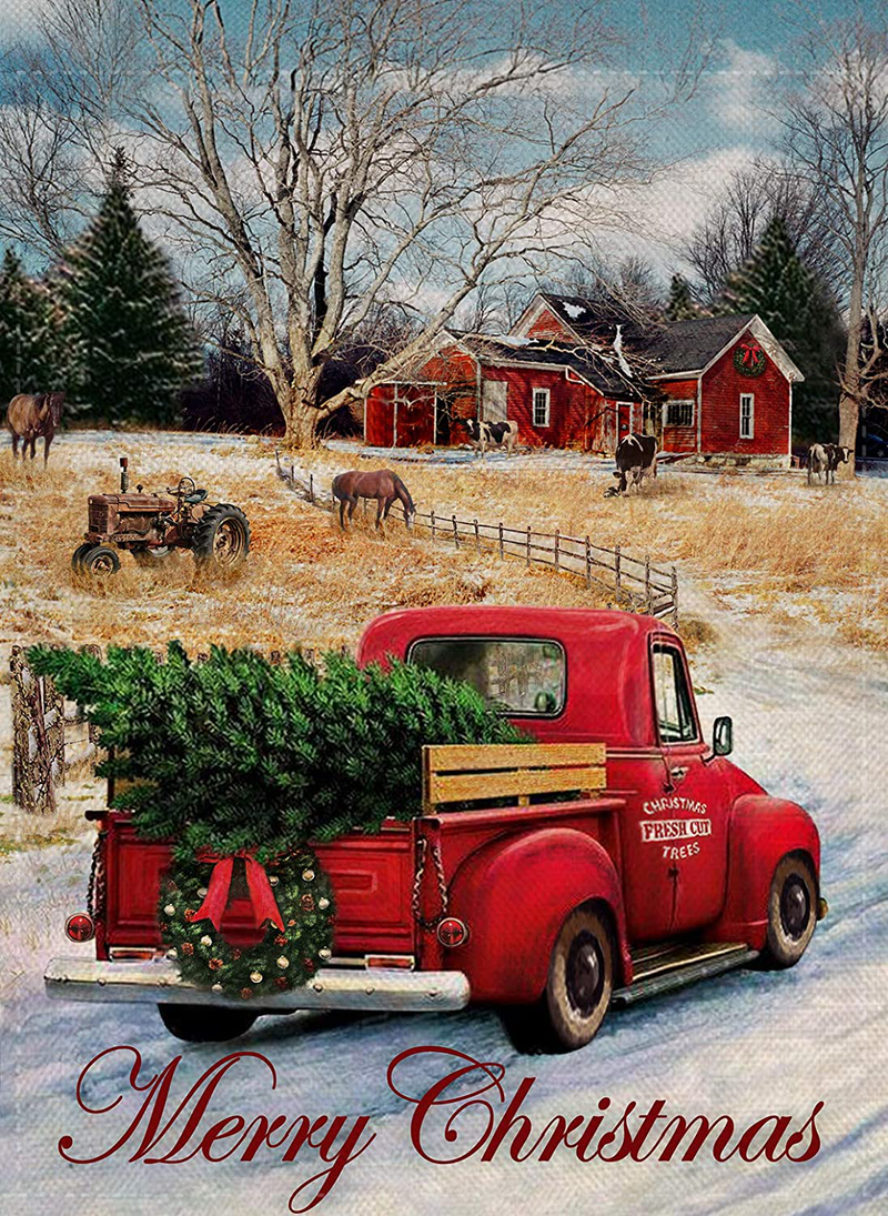 Dyrenson Merry Christmas 28 x 40 House Flag Red Truck Double Sided, Xmas Farmhouse Quote Burlap Garden Yard Decoration, Rustic Winter Vintage Seasonal Outdoor Décor Decorative Large Flag for Holiday Home & Garden > Decor > Seasonal & Holiday Decorations& Garden > Decor > Seasonal & Holiday Decorations Dyrenson 12 x 18  