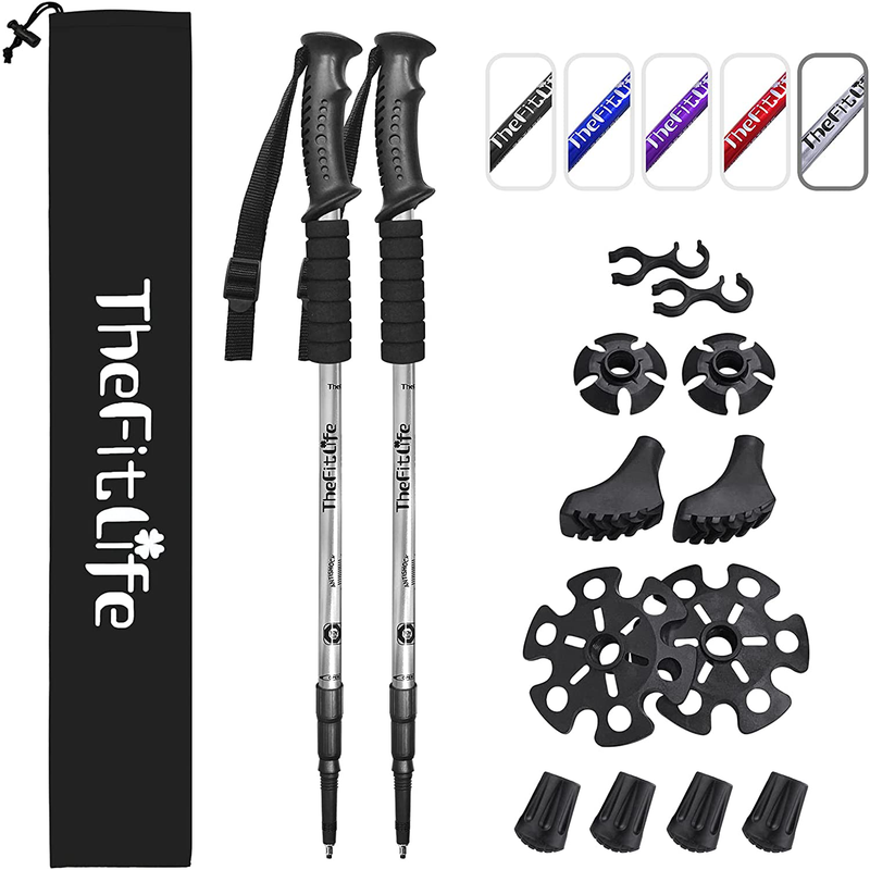 Thefitlife Nordic Walking Trekking Poles - 2 Pack with Antishock and Quick Lock System, Telescopic, Collapsible, Ultralight for Hiking, Camping, Mountaining, Backpacking, Walking, Trekking Sporting Goods > Outdoor Recreation > Camping & Hiking > Hiking Poles TheFitLife Silver  