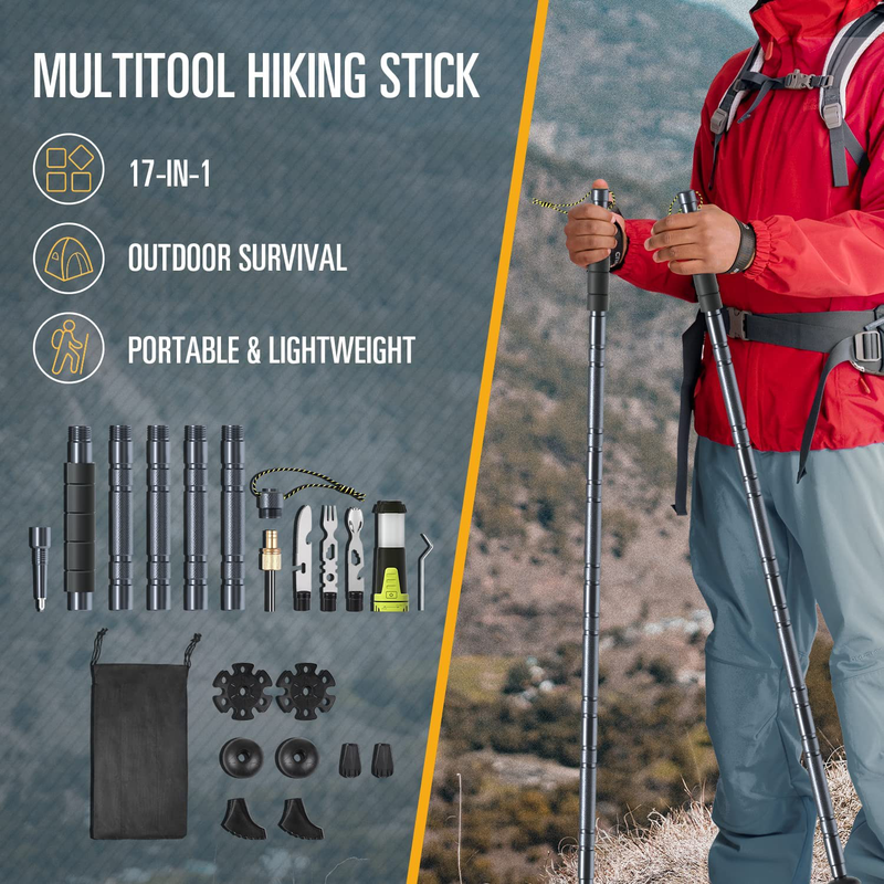 ITOKEY Survival Hiking Gear, 17-In-1 Multitool Trekking Pole with Replaceable Baskets, Best Camping Tool for Walking Backpacking, Tactical Equipment Gift for Men Women