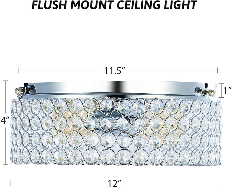 CO-Z Modern Crystal Ceiling Light Fixture, Flush Mount Ceiling Lights for Hallway Dining Bedroom Kitchen Bathroom, 120W Dimmable Close to Ceiling Lights with 12 Inch round Crystal Shade