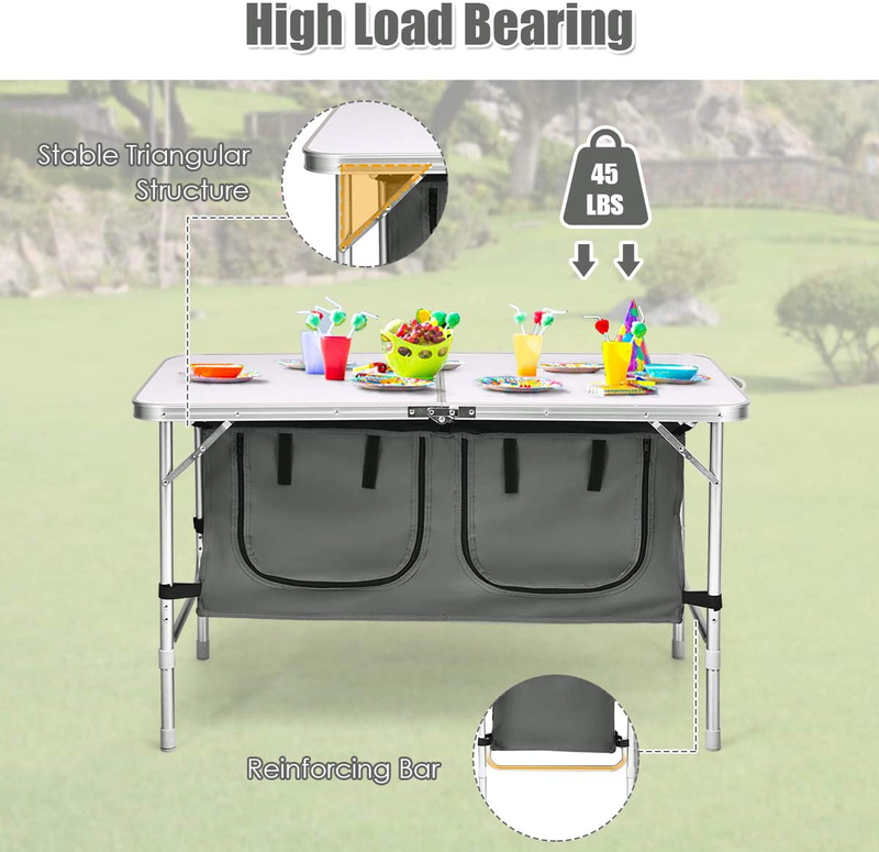 Goplus Folding Camping Table with Storage, 2-Level Adjustable Height, Outdoor Aluminum Lightweight Portable Foldable Picnic Table for Camp, Beach, BBQ and Party Sporting Goods > Outdoor Recreation > Camping & Hiking > Camp Furniture Goplus   