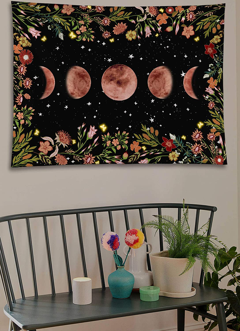 Rexful Moonlit Garden Tapestry, Moon Phase Surrounded by Plants and Flowers Black Wall Hanging Blanket 36×48 inch Home & Garden > Decor > Artwork > Decorative Tapestries Rexful   