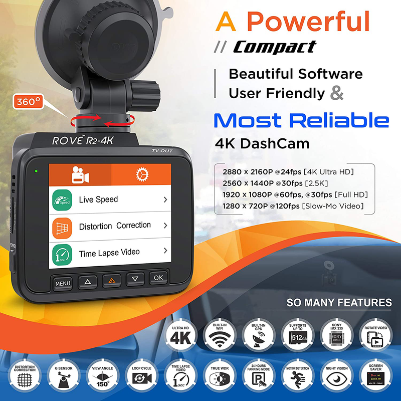 Rove R2-4K Dash Cam Built in WiFi GPS Car Dashboard Camera Recorder with UHD 2160P, 2.4" LCD, 150° Wide Angle, WDR, Night Vision Vehicles & Parts > Vehicle Parts & Accessories > Motor Vehicle Electronics ROVE   