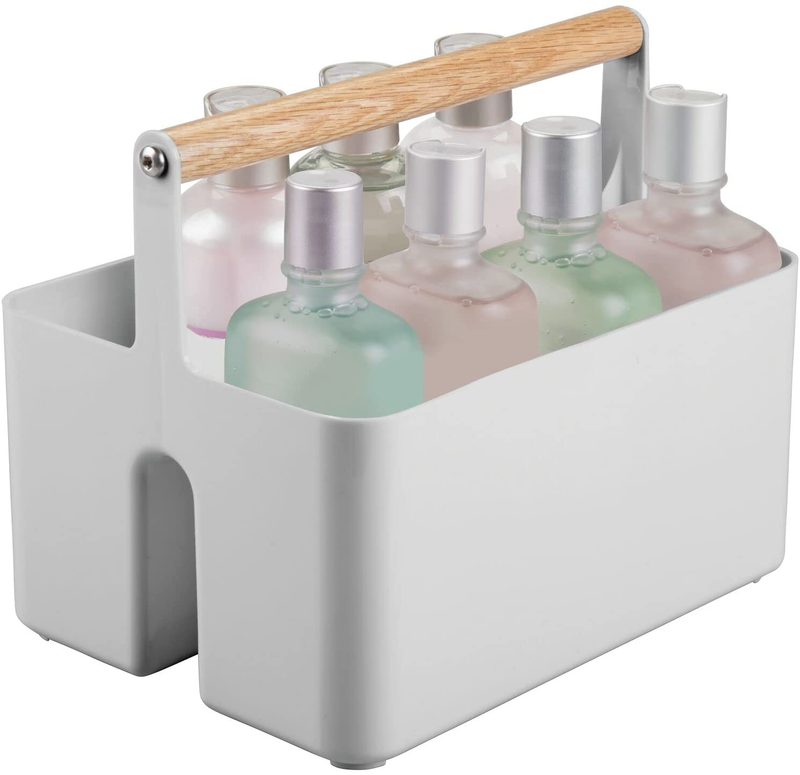 Mdesign Plastic Portable Shower Caddy Divided Basket Bin Storage Organizer with Wood Handle for Bathroom Vanity, Dorm Shelf & Cabinet - Holds Shampoo, Conditioner - Aura Collection - Gray/Natural Sporting Goods > Outdoor Recreation > Camping & Hiking > Portable Toilets & Showers MetroDecor   