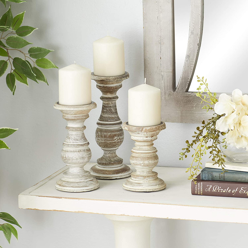 Deco 79 Distressed White Wood Candle Holders with Spiked Candle Plates, Traditional Style Table Decor, White Candlesticks Accent Decor | Set of 3: 4”, 6”, 8” Home & Garden > Decor > Home Fragrance Accessories > Candle Holders Deco 79 White S/3 6", 8", 10"H 