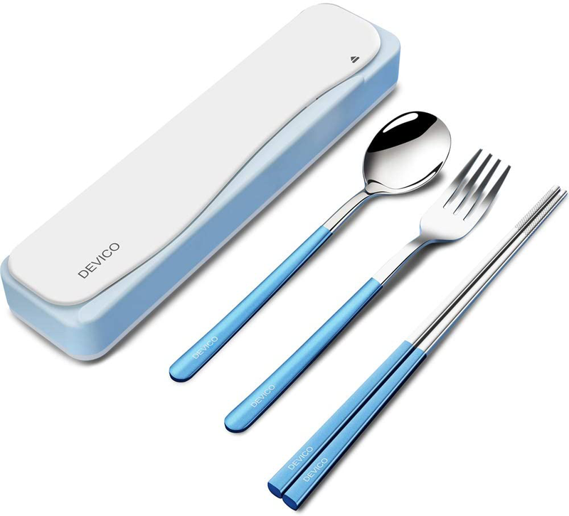 DEVICO Travel Utensils, 18/8 Stainless Steel 4pcs Cutlery Set Portable Camp Reusable Flatware Silverware, Include Fork Spoon Chopsticks with Case (Black) Home & Garden > Kitchen & Dining > Tableware > Flatware > Flatware Sets DEVICO Blue  