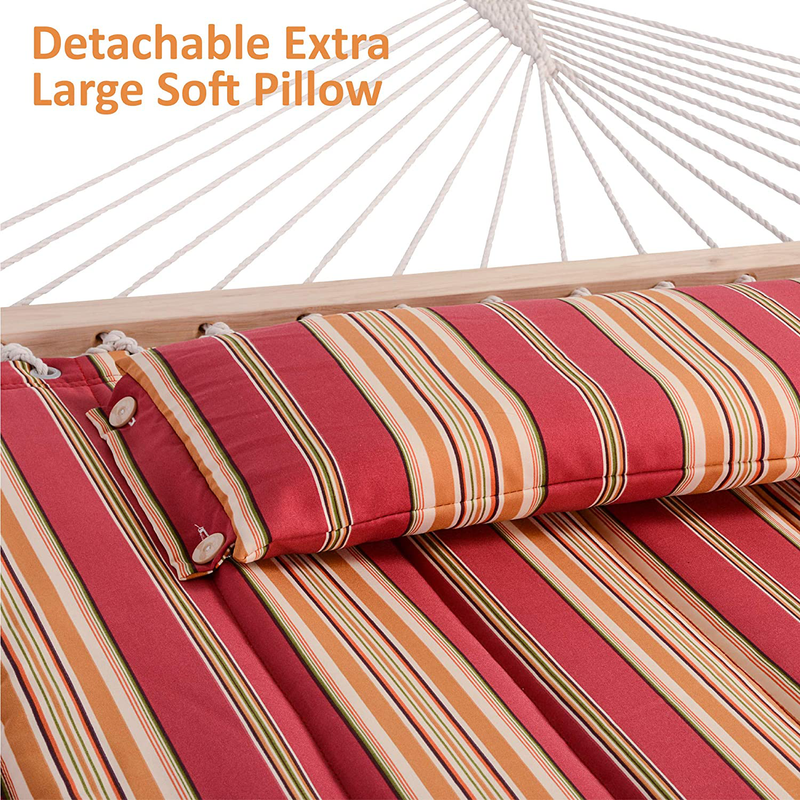 SUNCREAT Double Hammock Quilted Fabric Swing with Spreader Bar, Detachable Pillow, 55” x79” Large Hammock, Red Stripes Home & Garden > Lawn & Garden > Outdoor Living > Hammocks SUNCREAT   