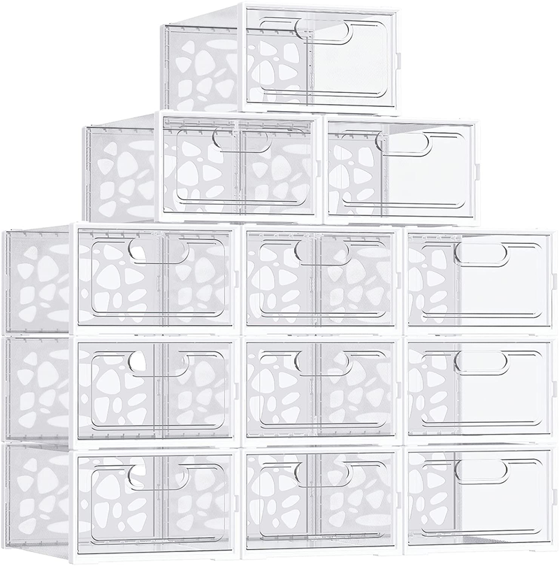 Shoe Storage, 12 Pack, Shoe Boxes Clear Plastic Stackable, 13” X 9” X 5.5”, Shoe Organizer for Closets, Easy to Assemble, Sturdy, Front Opening, Clear Shoe Containers Furniture > Cabinets & Storage > Armoires & Wardrobes WALL QMER White  