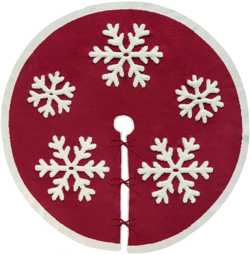 LimBridge Knitted Christmas Tree Skirt, 48 Inches Knitted Christmas Decorations, Wine Red Heavy Yarn Xmas Holiday Decoration with White Snowflakes, Burgundy and Cream