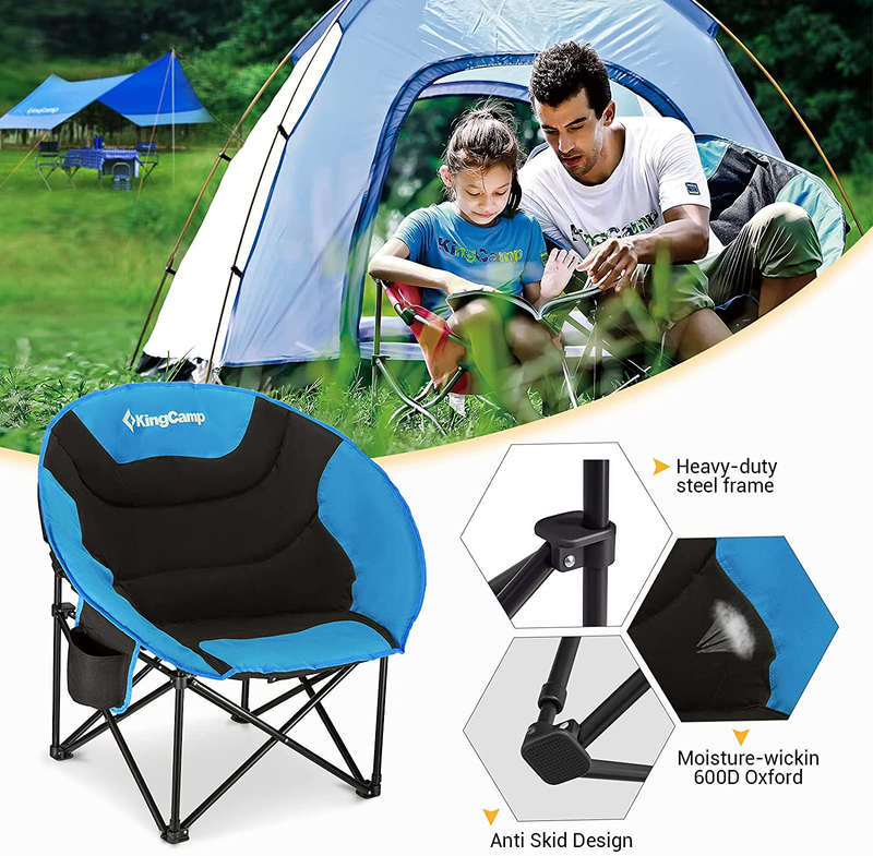 Kingcamp Oversized Saucer round Camping Chair Portable Padded Outdoor Folding Chair for Adult with Cup Holder Back Pocket Carry Bag, Support up to 300Lbs Sporting Goods > Outdoor Recreation > Camping & Hiking > Camp Furniture KingCamp   