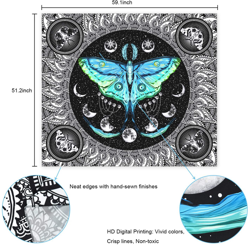 Moth Tapestry Moon Phase Tapestry Psychedelic Eyes Tapestry Moon and Stars Tapestry Black and White Tapestry Wall Hanging for Room(51.2 x 59.1 inches) Home & Garden > Decor > Artwork > Decorative Tapestries Boniboni   