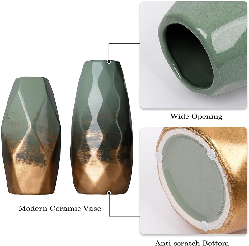 TERESA'S COLLECTIONS Modern Geometric Ceramic Vases Set of 2, Green and Gold Vase for Home Decor, Decorative Vase for Living Room, Mantel, Table, Bedroom Decoration, 7.9'' & 9.3'' Tall Home & Garden > Decor > Vases TERESA'S COLLECTIONS   