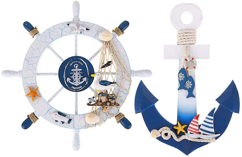 Meching 2 Pack 11" Nautical Beach Wooden Ship Wheel and 13" Wood Anchor with Rope Nautical Boat Steering Rudder Wall Decor Door Hanging Ornament Beach Theme Home Decoration(Dark Blue) Home & Garden > Decor > Artwork > Sculptures & Statues Meching Blue  
