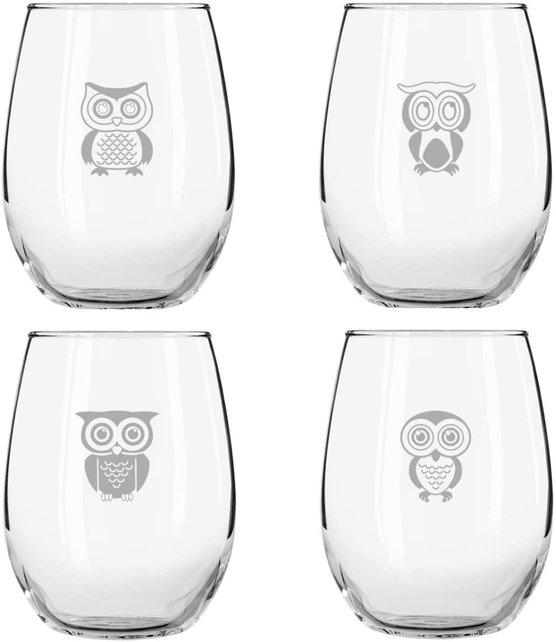 Cute Owl Wine Glass Set of 4 | Stemless Wine Glasses with 4 Unique Loveable Owls | 15 oz. Owl Decor Glasses | Makes Fun Owl for Women | Great Owl Kitchen Decor or New Home Gift Ideas | USA Made Home & Garden > Decor > Seasonal & Holiday Decorations DU VINO   