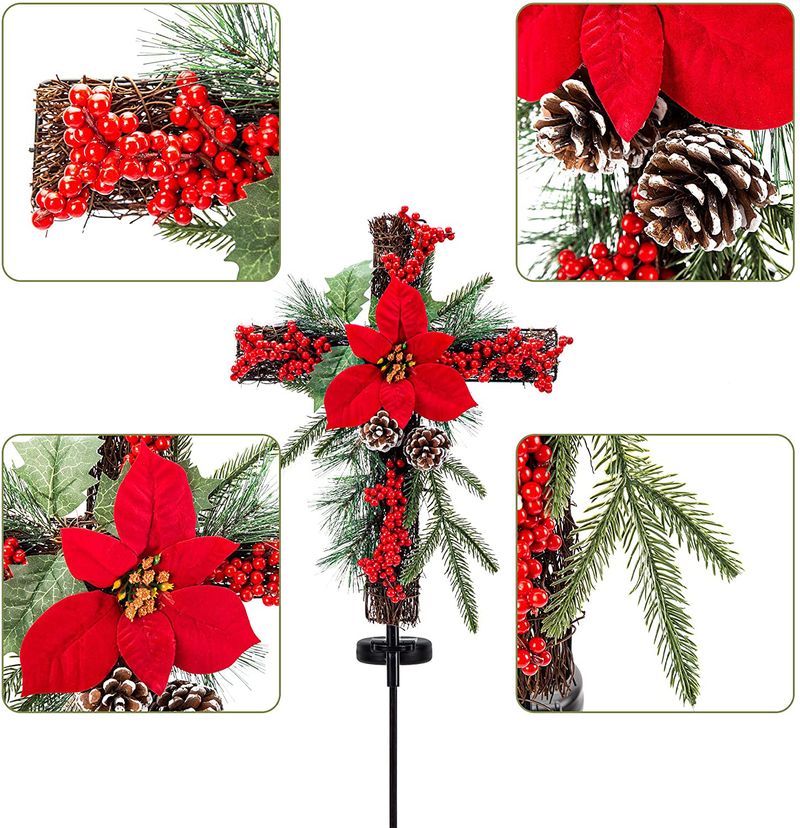 SOWSUN Solar Christmas Decorations Outdoor LED Lights, Xmas Waterproof Cross Stake, Cemetery Grave Decorations,Faux Pine Cones and Foliage Ornament Stakes for Garden Lawn Yard Cemetery, Set of 2