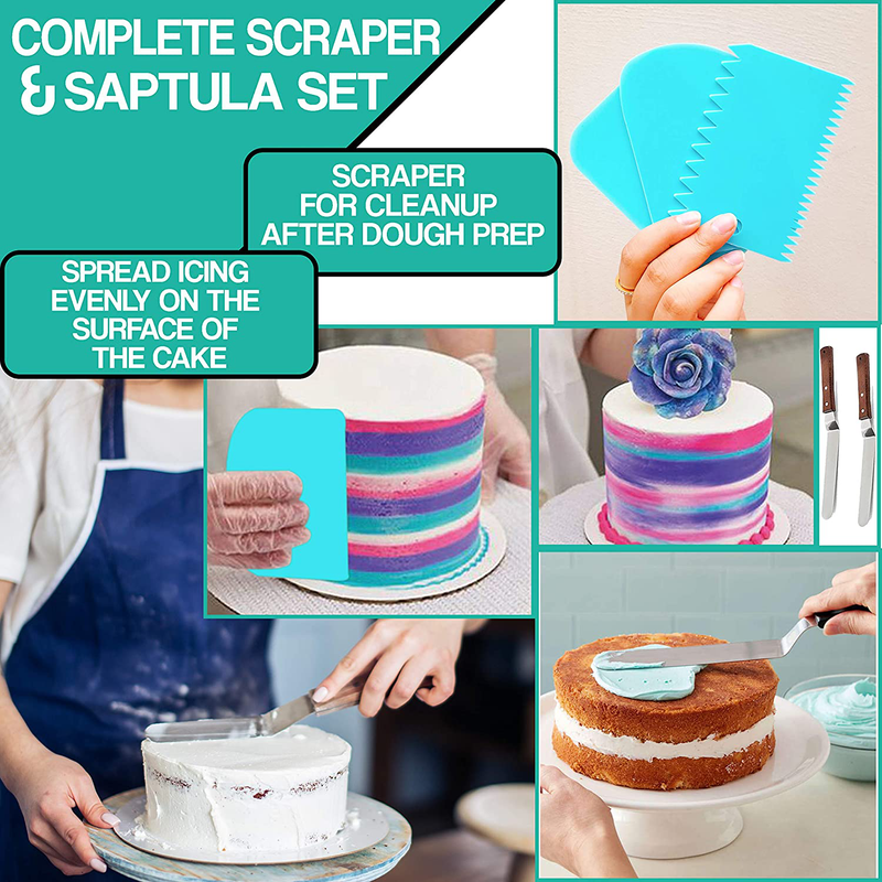 RFAQK Cake decorating supplies with Cake Turntable-Cake leveler- 24 Numbered Icing Piping Tips with Pattern Chart and EBook- Straight & Angled Spatula-30 Icings Bags- 3 Icing Comb Scraper set