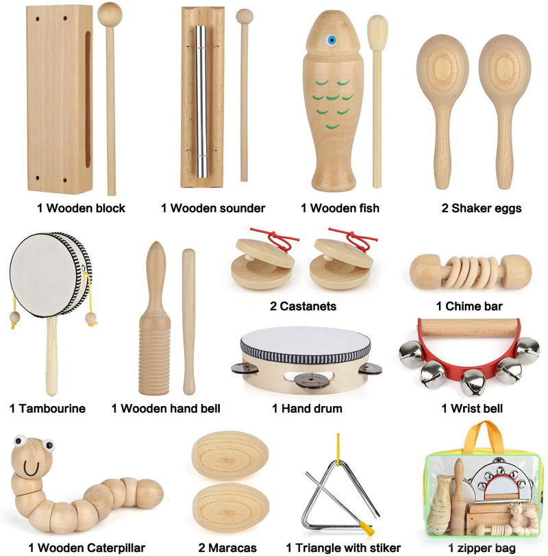 KAQINU Kids Musical Instruments, 21Packs Toddlers 100% Natural Wooden Music Percussion Toy Sets for Childrens Preschool Educational Early Learning, Musical Toys for Age 3 to 10 Toddlers with Bags