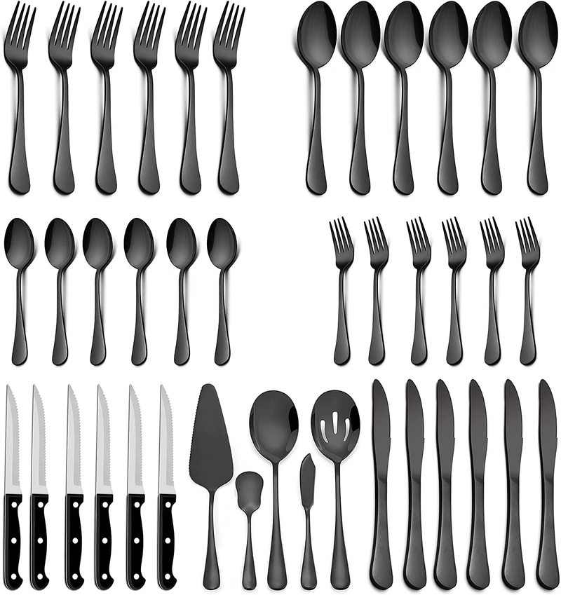 LIANYU 53-Piece Silverware Set with Steak Knives and Serving Utensils, Stainless Steel Flatware Cutlery Set Service for 8, Eating Utensil Set for Home Party Wedding, Dishwasher Safe, Mirror Finished Home & Garden > Kitchen & Dining > Tableware > Flatware > Flatware Sets LIANYU Black 41 