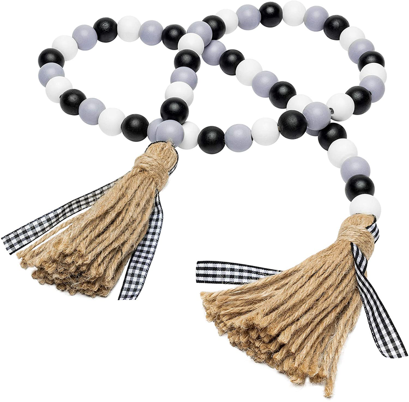 R HORSE Valentine'S Day Wood Beads, 41’’ Wood Bead Garland Tassel Heart Tassel Garland Farmhouse Rustic Beads with Jute Rope Plaid Tassel Natural Wood Beads Décor for Party Valentine'S Day Gift Home & Garden > Decor > Seasonal & Holiday Decorations R HORSE Black&white 41.0 Inches 
