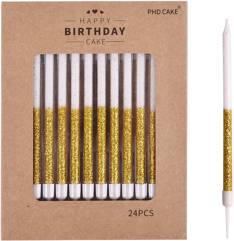 PHD CAKE 24-Count Gold Long Thin Birthday Candles, Cake Candles, Birthday Parties, Wedding Decorations, Party Candles Home & Garden > Decor > Home Fragrances > Candles PHD CAKE Half Glitter  