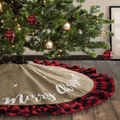 Meriwoods Burlap Christmas Tree Skirt 48 Inch, Large Tree Collar with Ruffled Buffalo Plaid Trim, Country Rustic Indoor Xmas Decorations Home & Garden > Decor > Seasonal & Holiday Decorations > Christmas Tree Skirts Meriwoods Burlap With Buffalo Plaid Trim & Merry Christmas Prints  