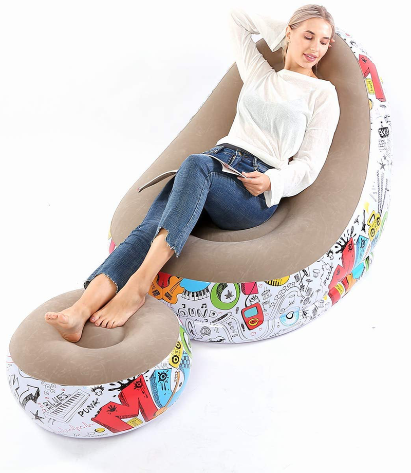 Lazy Sofa, Inflatable Sofa, Family Inflatable Lounge Chair, Graffiti Pattern Flocking Sofa, with Inflatable Foot Cushion, Suitable for Home Rest or Office Rest, Outdoor Folding Sofa Chair (Khaki) Sporting Goods > Outdoor Recreation > Camping & Hiking > Camp Furniture BOMTTY   