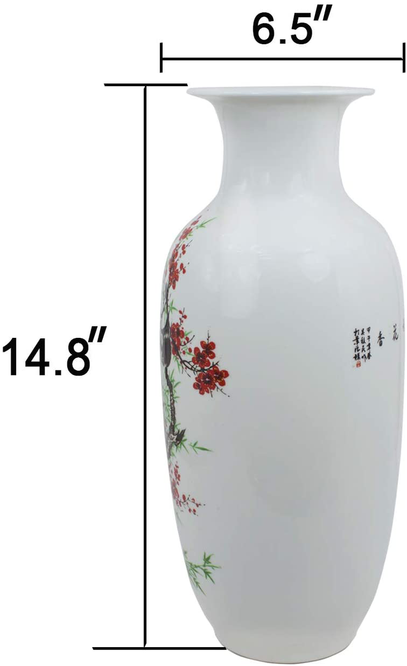 Dahlia Bird on Plum Blossom Famille Rose Porcelain Tall Flower Vase, 15 Inches, Rouleau Vase Home & Garden > Decor > Vases Dahlia   