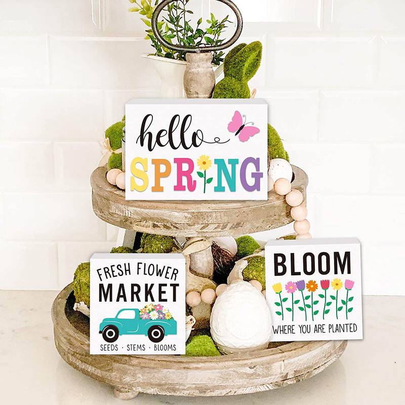 Huray Rayho Party Hello Spring Tiered Tray Decorations Farmhouse Mini Wood Decor Fresh Flower Market Home 3D Signs Rae Dunn Seasonal Bloom Butterfly Kitchen Wooden Ornaments Set of 3 Home & Garden > Decor > Decorative Trays Huray Rayho Party Default Title  