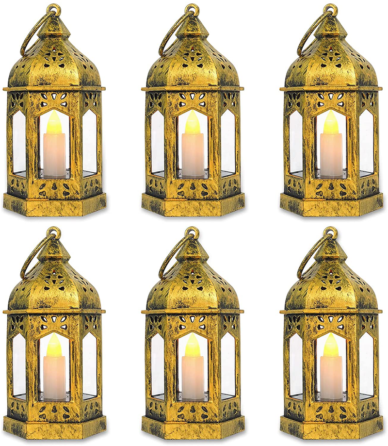 SHYMERY Mini Lantern with Flickering LED Candles,Vintage Black Decorative Hanging Candle Lanterns for Halloween,Wedding Decorations,Christmas,Table Centerpiece,Battery Included（Set of 6） Arts & Entertainment > Party & Celebration > Party Supplies SHYMERY Golden  