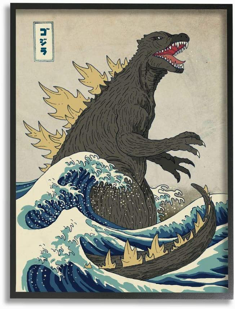 Stupell Industries Godzilla in the Waves Eastern Poster Style Illustration Black Framed Wall Art, 11 X 14, Design by Artist Michael Buxton Home & Garden > Decor > Artwork > Posters, Prints, & Visual Artwork Stupell Industries   