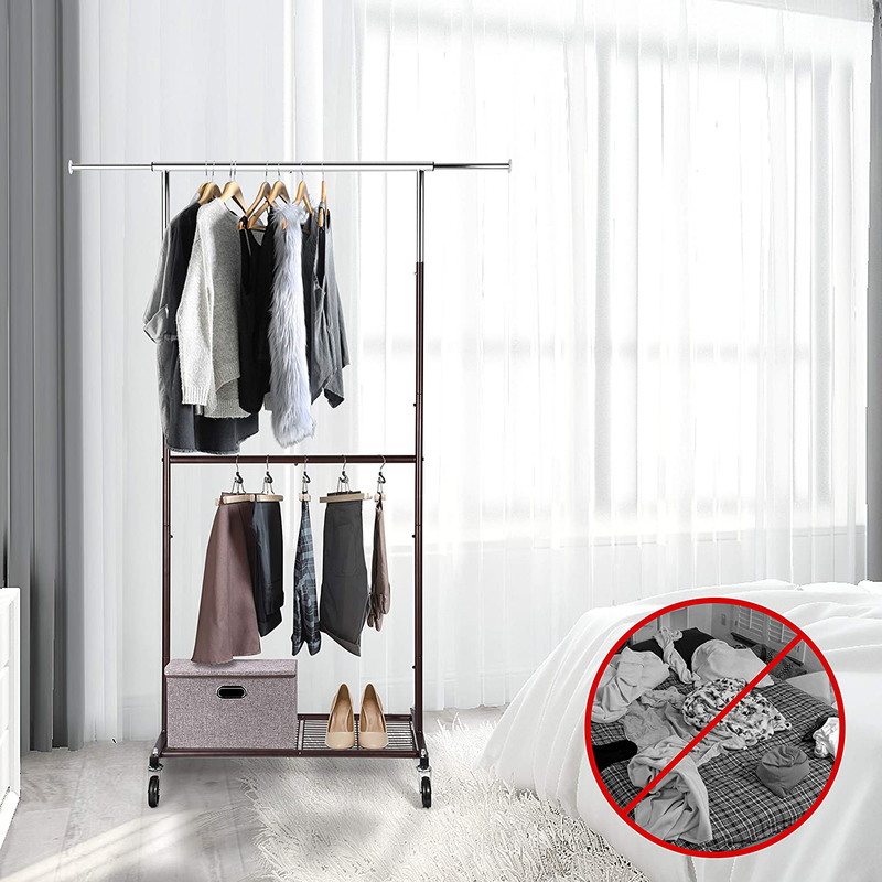 Simple Trending Standard Clothing Garment Rack, Rolling Clothes Organizer with Wheels and Bottom Shelves, Extendable, Bronze Furniture > Cabinets & Storage > Armoires & Wardrobes Simple Trending   
