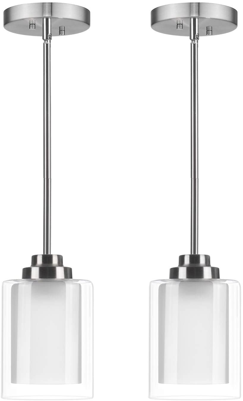 Jazava Modern Mini 1-Light Pendant, 2Pack Industrial Hanging Ceiling Light Fixture, Adjustable Length, Brushed Nickel Finish with White Linen Frosted and Clear Glass Shades Home & Garden > Lighting > Lighting Fixtures JAZAVA Db-2 Pack  