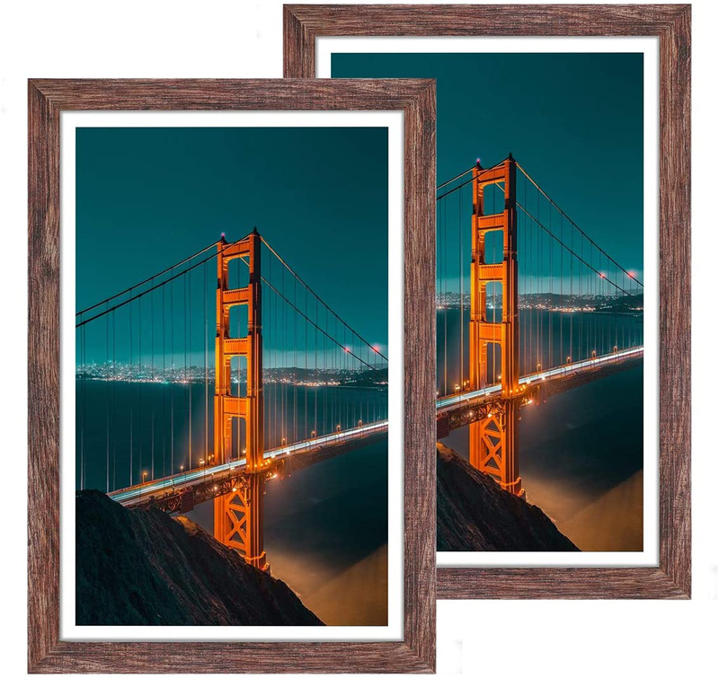 Q.Hou 11x14 Picture Frames Wood Patten Distressed White Set of 2, Each Frame with 2 Mats,Display 8x10 or Five 4x6 Photos with Mat & 11x14 Picture Without Mat for Wall Mount (QH-PF11X14-RW) Home & Garden > Decor > Picture Frames Q.Hou Rustic Brown 11X17 