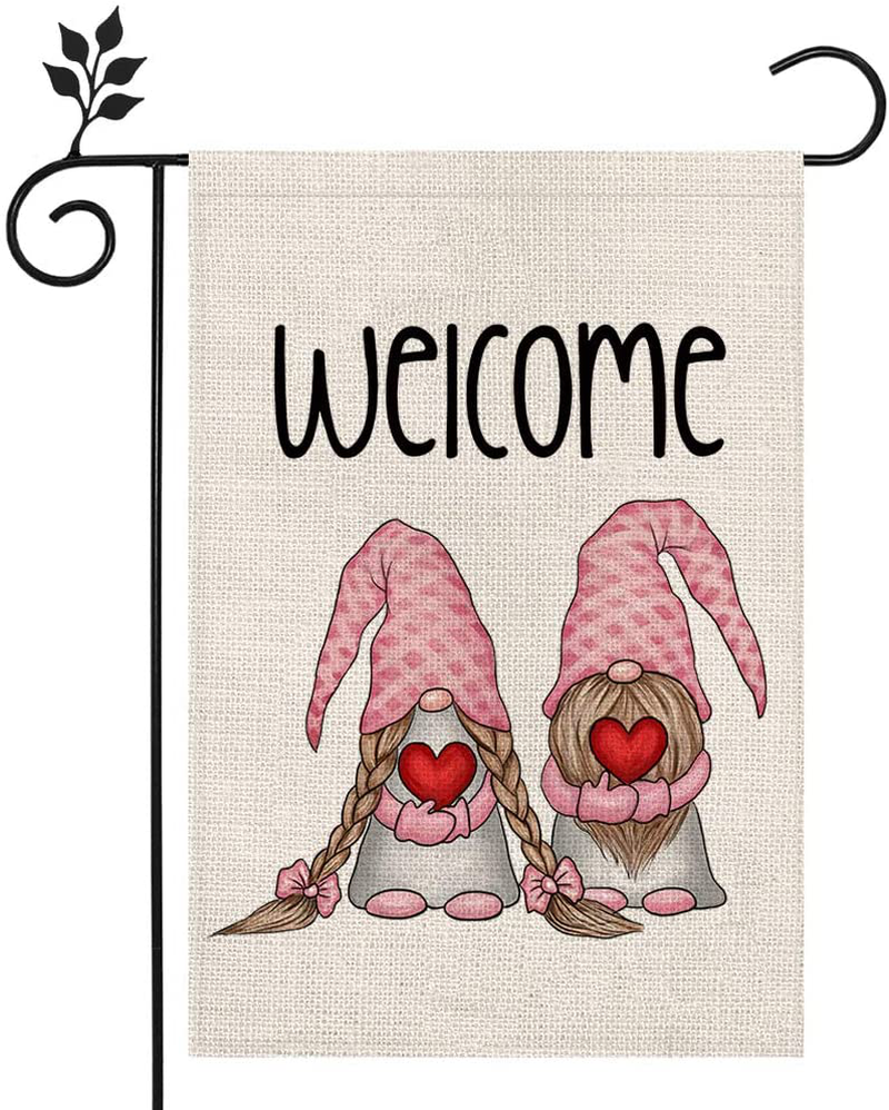 CROWNED BEAUTY Valentines Day Garden Flag 12×18 Inch Vertical Double Sided Valentine Gnome Welcome Flag for outside Yard Anniversary Wedding Farmhouse Décor CF015-12 Home & Garden > Decor > Seasonal & Holiday Decorations CROWNED BEAUTY   