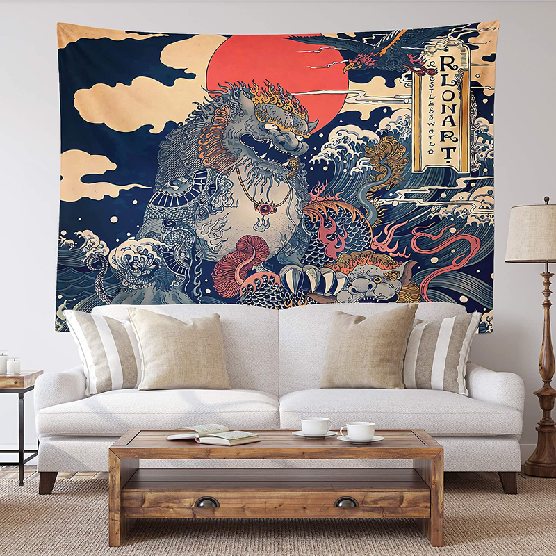 Spanker Space Ukiyoe Red White and Blue Japanese Mythical Creature The Great Waves Godzilla Fabric Tapestry 60 x 80 inches Wall Hangings with Hanging Accessories for Wall Art Home Dorm Decor Home & Garden > Decor > Artwork > Decorative Tapestries SPANKER SPACE Mythical Creaturebright 60" L x 80" W 
