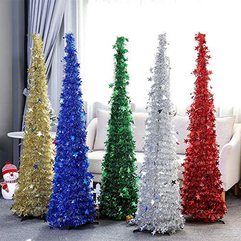 SZDAJAN Collapsible Artificial Christmas Tree 5ft 4ft Slim Xmas Trees Apartment Party Home Decor Tinsel Christmas Tree with Star Shiny Sequins and Stand (Red,5FT)