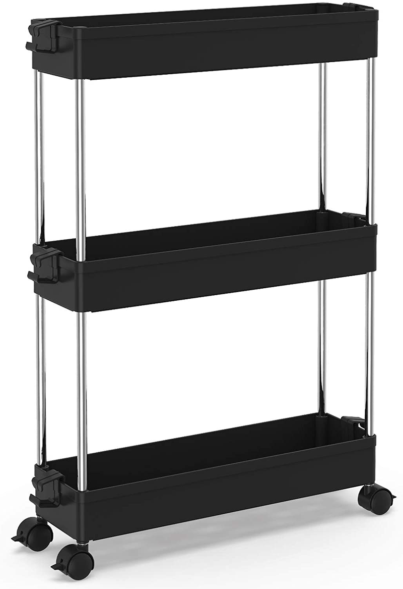 SPACEKEEPER Slim Storage Cart 3 Tier Mobile Shelving Unit Organizer Slide Out Storage Rolling Utility Cart Tower Rack for Kitchen Bathroom Laundry Narrow Places, Plastic & Stainless Steel, Black