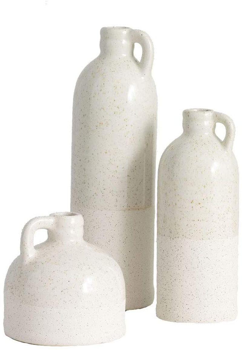 Sullivans Modern Farmhouse Distressed Two-Toned White Small Ceramic Jug Set of Three (3), 4, 7.5, 10” Tall, Crackled Finish Faux Floral Jugs, Distressed Decoration for Rustic Décor, Housewarming Gift