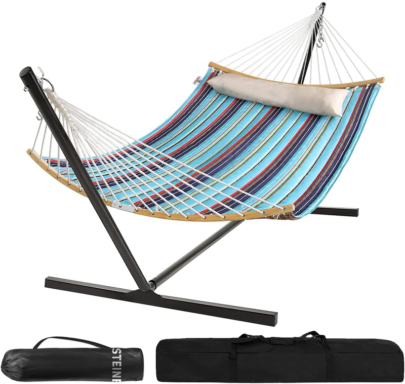 Portable Hammock with Stand, Ergonomic 2 Person Heavy Duty Hammock, 475lb Capacity, Perfect for Indoor Outdoor Patio, Deck & Yard - Pillow, Quilted Bed & Unique Curved Bamboo Spreader Bars, Royal Blue Home & Garden > Lawn & Garden > Outdoor Living > Hammocks Parapop Default Title  