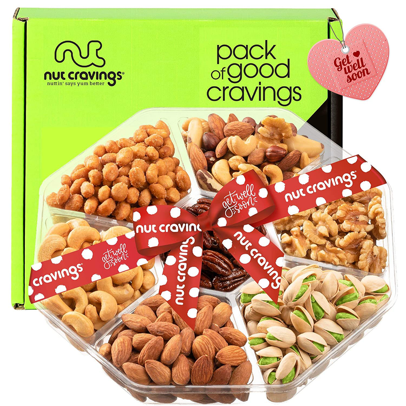 Nuts Gift Basket + Green Ribbon (7 Piece Set, 1.8 LB) Valetines Day 2022 Idea Food Arrangement Platter, Birthday Care Package Variety, Healthy Tray, Kosher Snack Box for Adults Women Men Prime Home & Garden > Decor > Seasonal & Holiday Decorations Nut Cravings F - Get Well Soon  