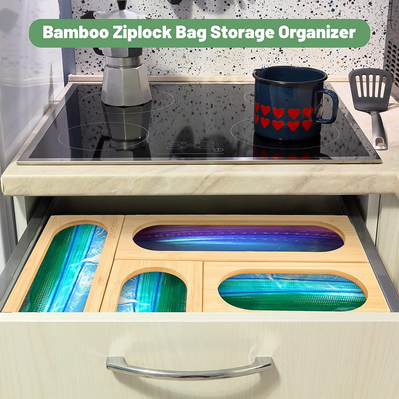 Set of 5 Bamboo Ziplock Bag Storage Organizer for Kitchen Drawer Organization,Food Storage Bag Holders Suitable for Gallon,Quart,Sandwich,Snack,Zipper,Slider,Freezer Bags Variety Size Bags Home & Garden > Kitchen & Dining > Food Storage SIMOEFFI   