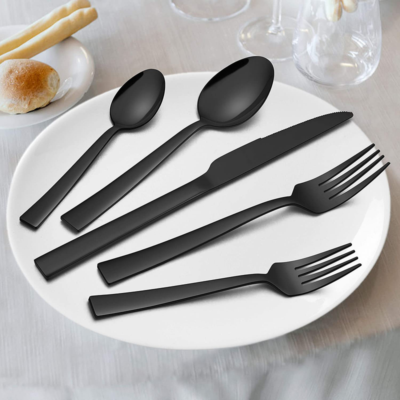 Homikit 20-Piece Black Silverware Flatware Set, Stainless Steel Square Cutlery Set for 4, Eating Utensils Tableware Include Knife Spoon Fork, Dishwasher Safe, Shiny Mirror Polished